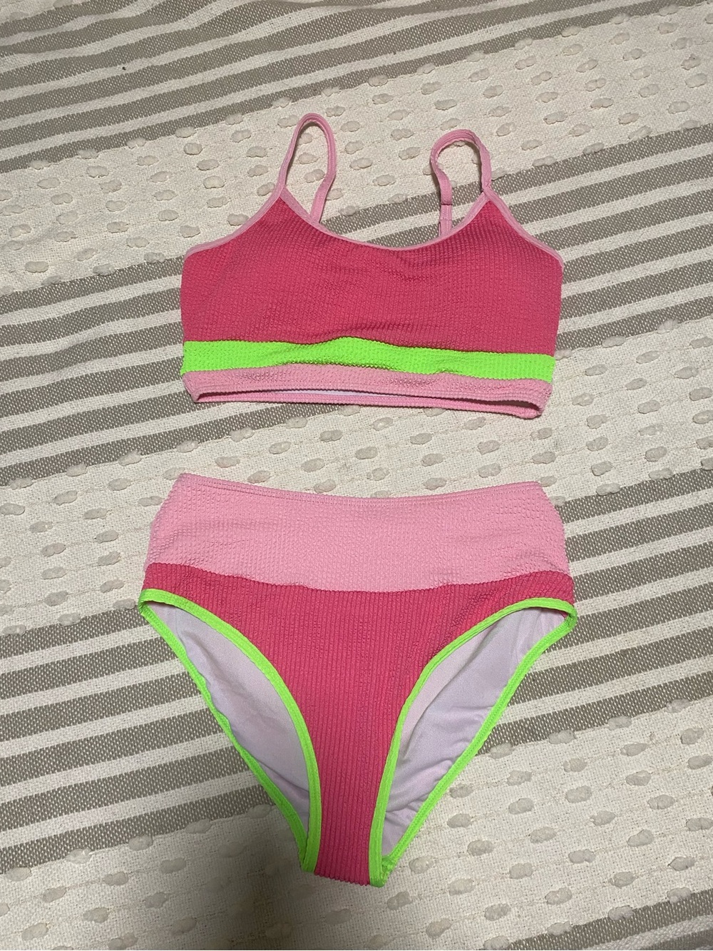 Pink Lilly NWOT bright Pink & Lime Two-Piece Ribbed Bikini Set